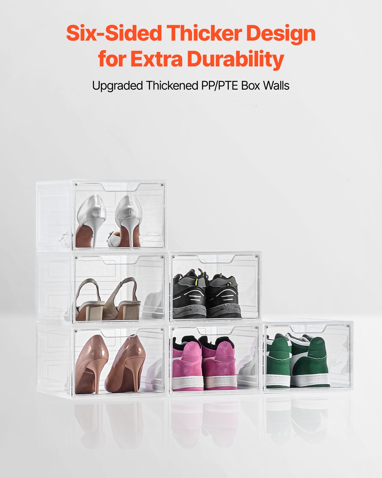 Shoe Storage Boxes 6 Pack Clear Stackable Organizers with Magnetic Door White