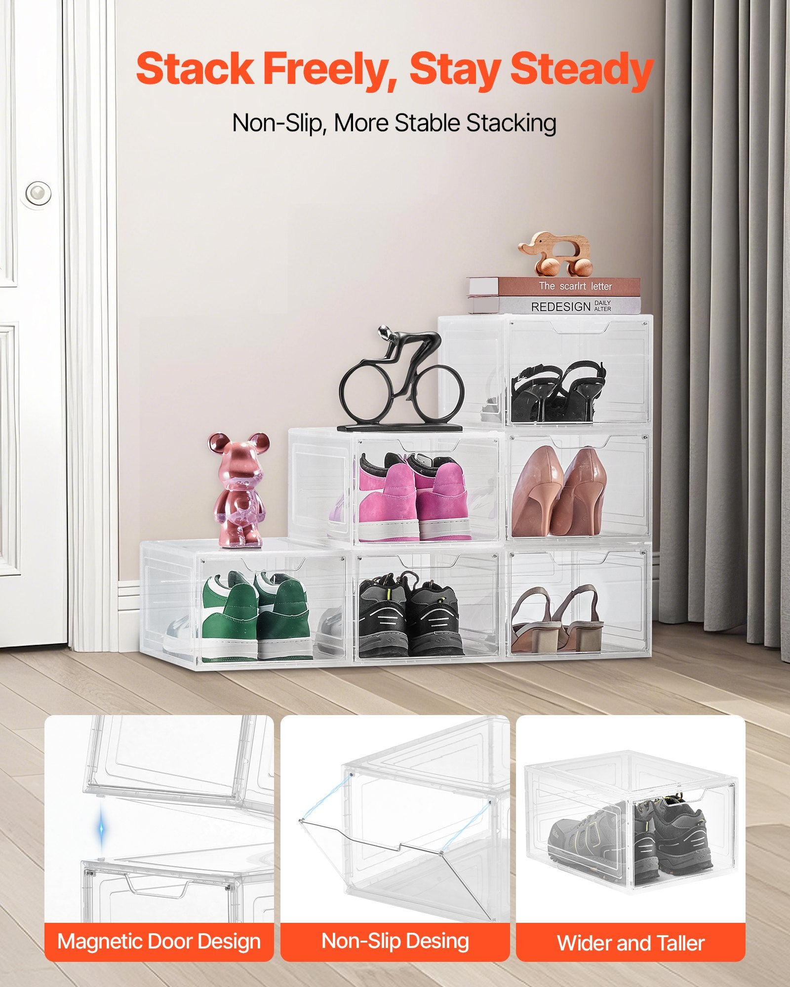 Shoe Storage Boxes 6 Pack Clear Stackable Organizers with Magnetic Door White