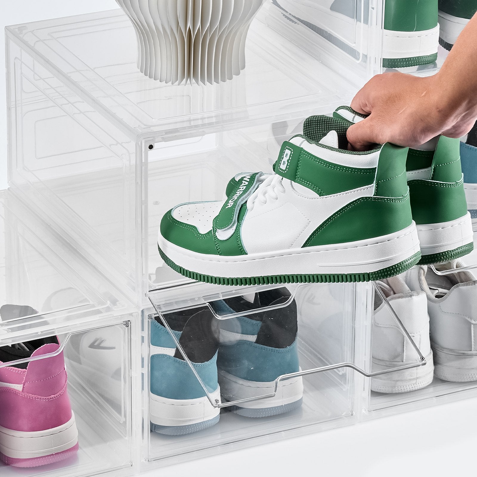 Shoe Storage Boxes 6 Pack Clear Stackable Organizers with Magnetic Door White