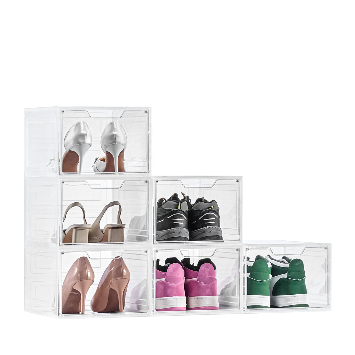 Shoe Storage Boxes 6 Pack Clear Stackable Organizers with Magnetic Door White