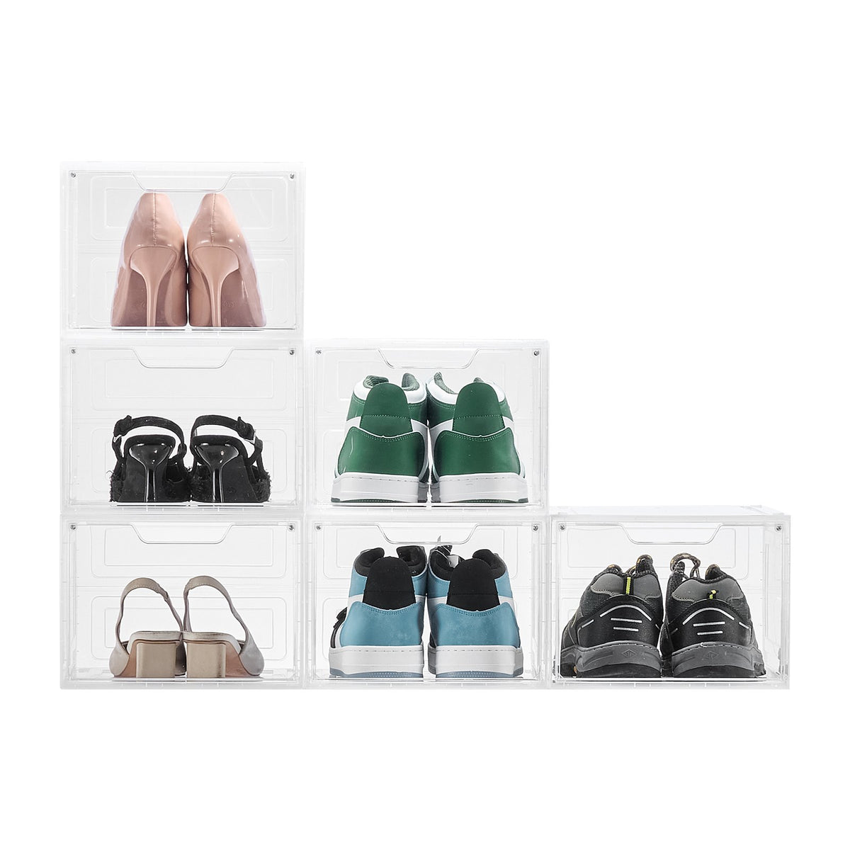 Shoe Storage Boxes 6 Pack Clear Stackable Organizers with Magnetic Door White