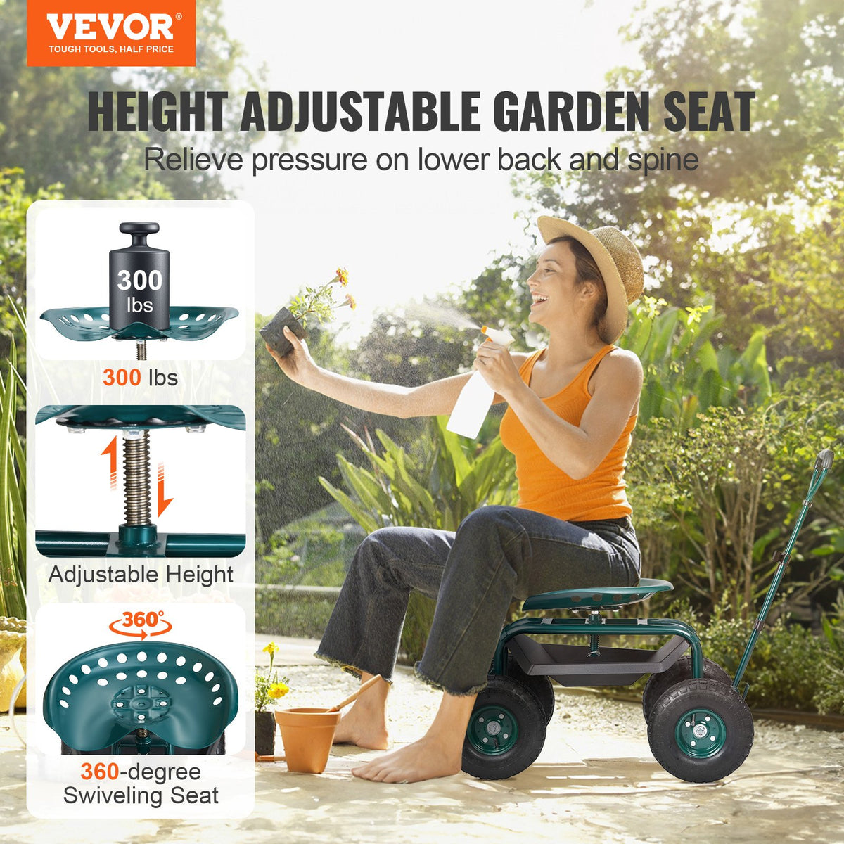 Garden Cart Rolling Workseat 360° Swivel Wagon Steering Handle Green