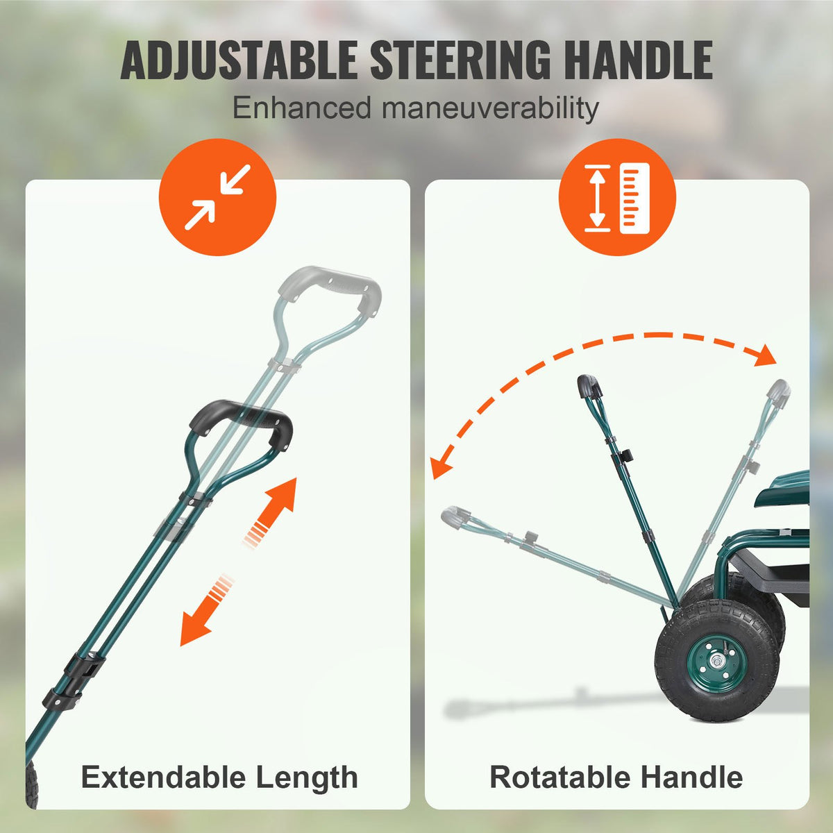 Garden Cart Rolling Workseat 360° Swivel Wagon Steering Handle Green