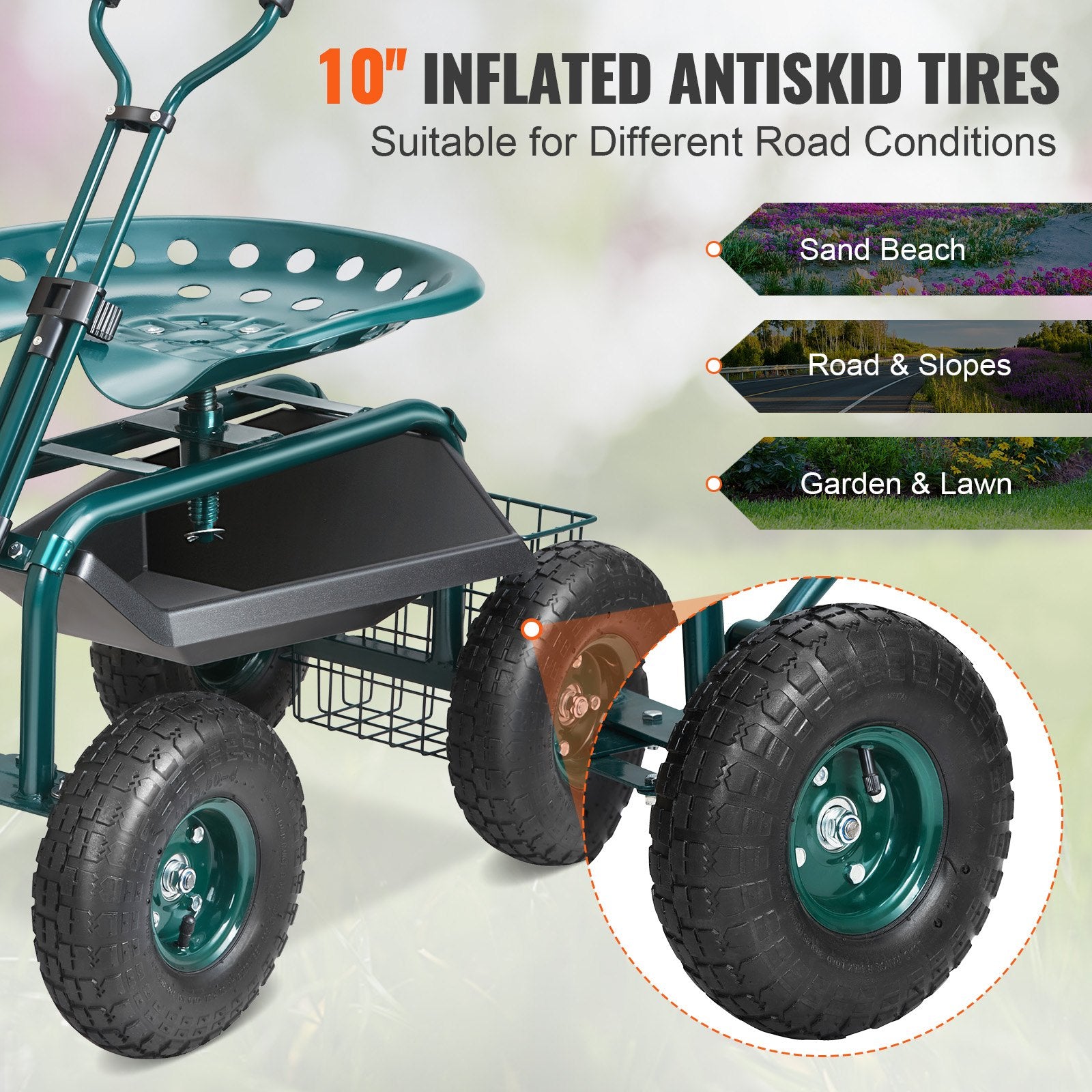 Garden Cart Rolling Workseat 360° Swivel Wagon Steering Handle Green