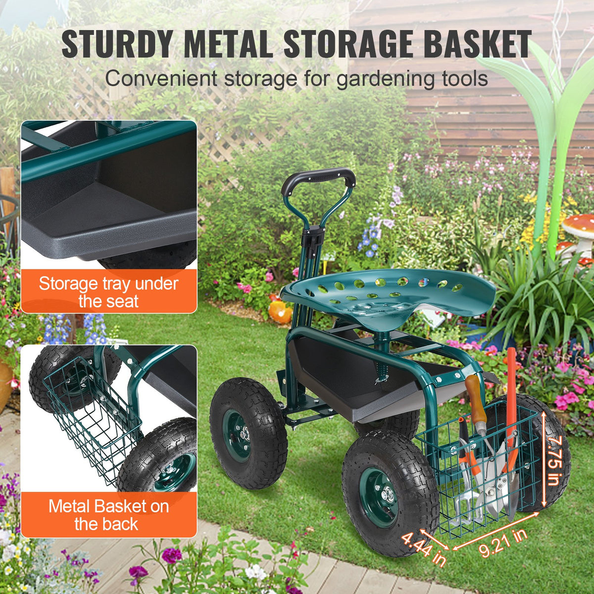 Garden Cart Rolling Workseat 360° Swivel Wagon Steering Handle Green