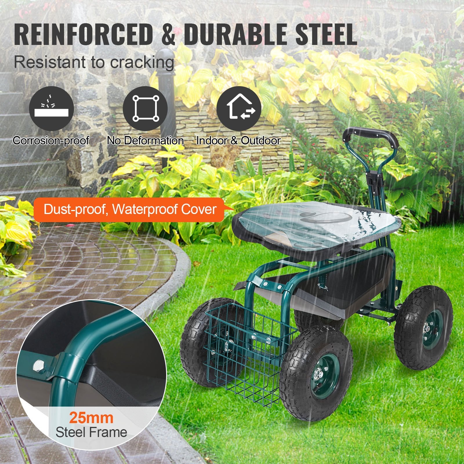 Garden Cart Rolling Workseat 360° Swivel Wagon Steering Handle Green