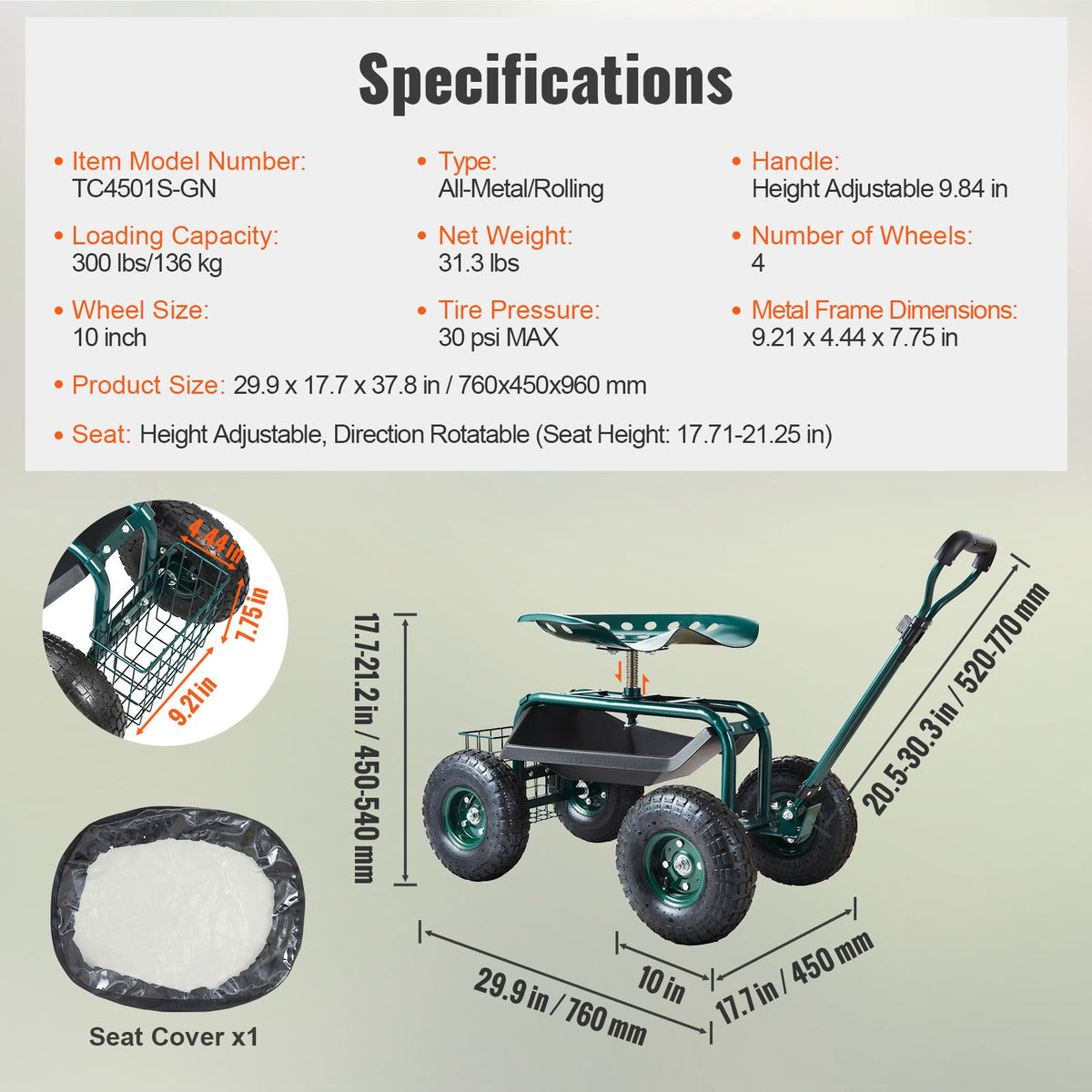 Garden Cart Rolling Workseat 360° Swivel Wagon Steering Handle Green