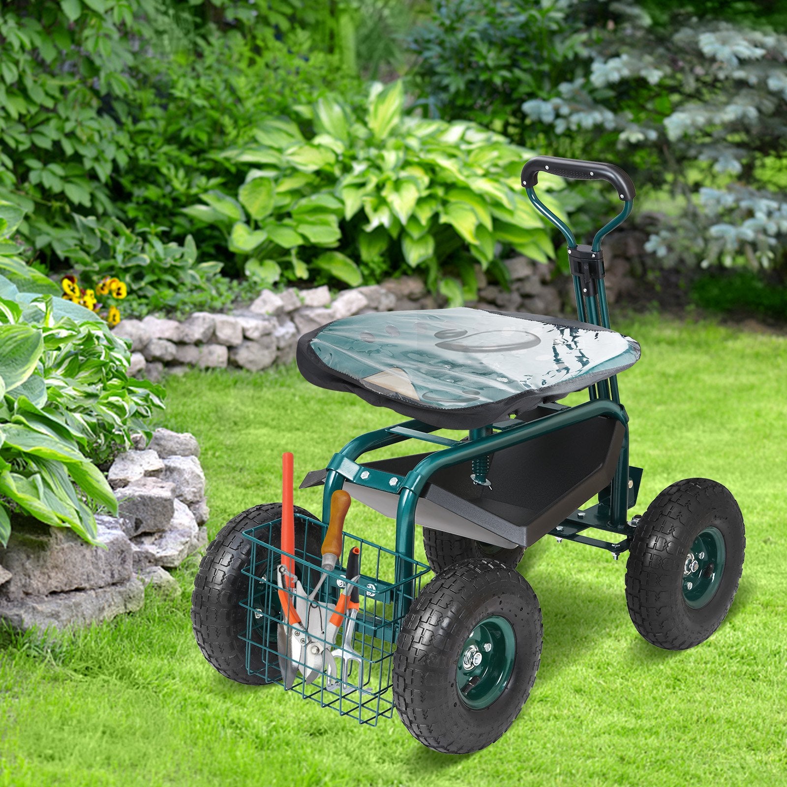 Garden Cart Rolling Workseat 360° Swivel Wagon Steering Handle Green