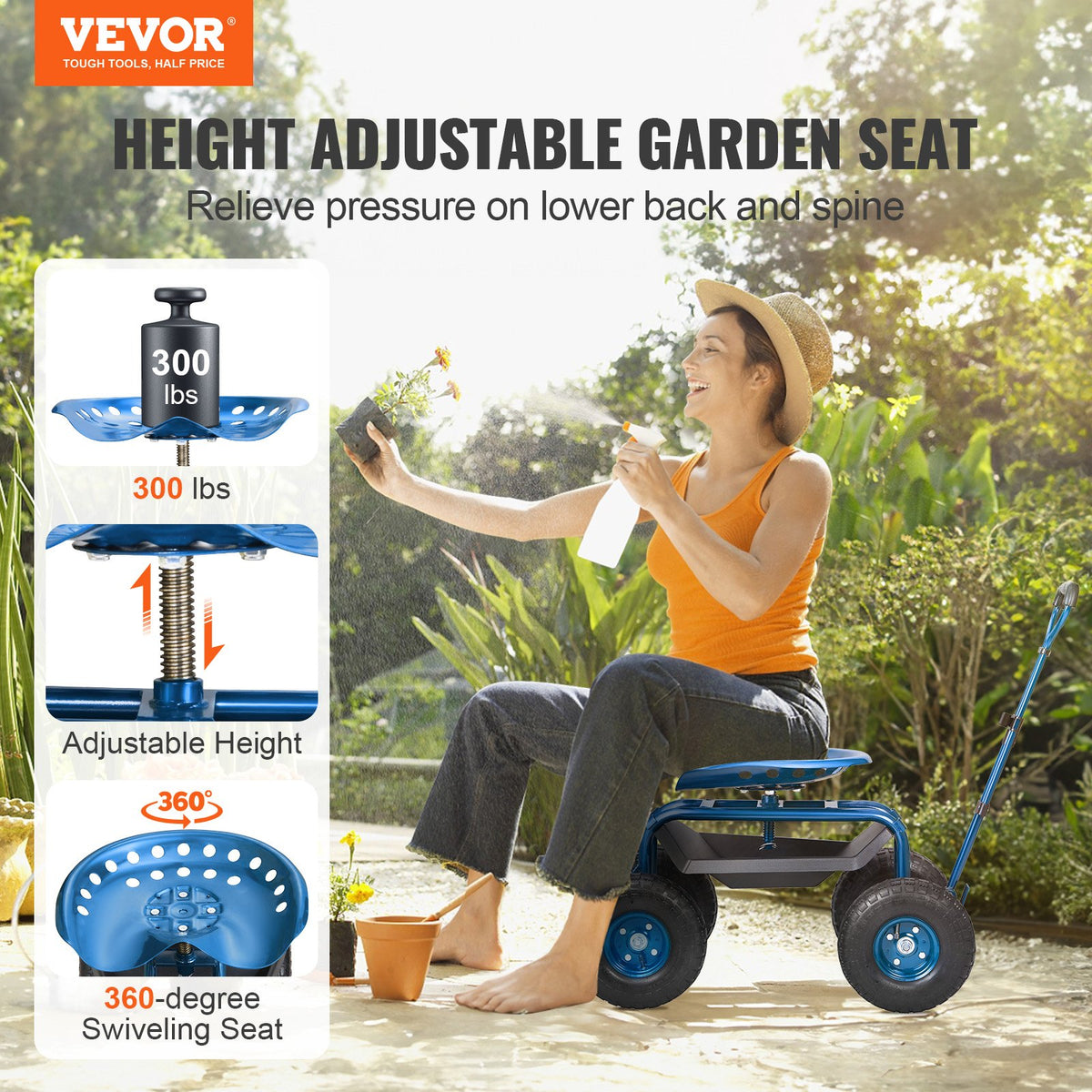 Garden Cart Rolling Workseat 360° Swivel Wagon with Steering Handle Blue