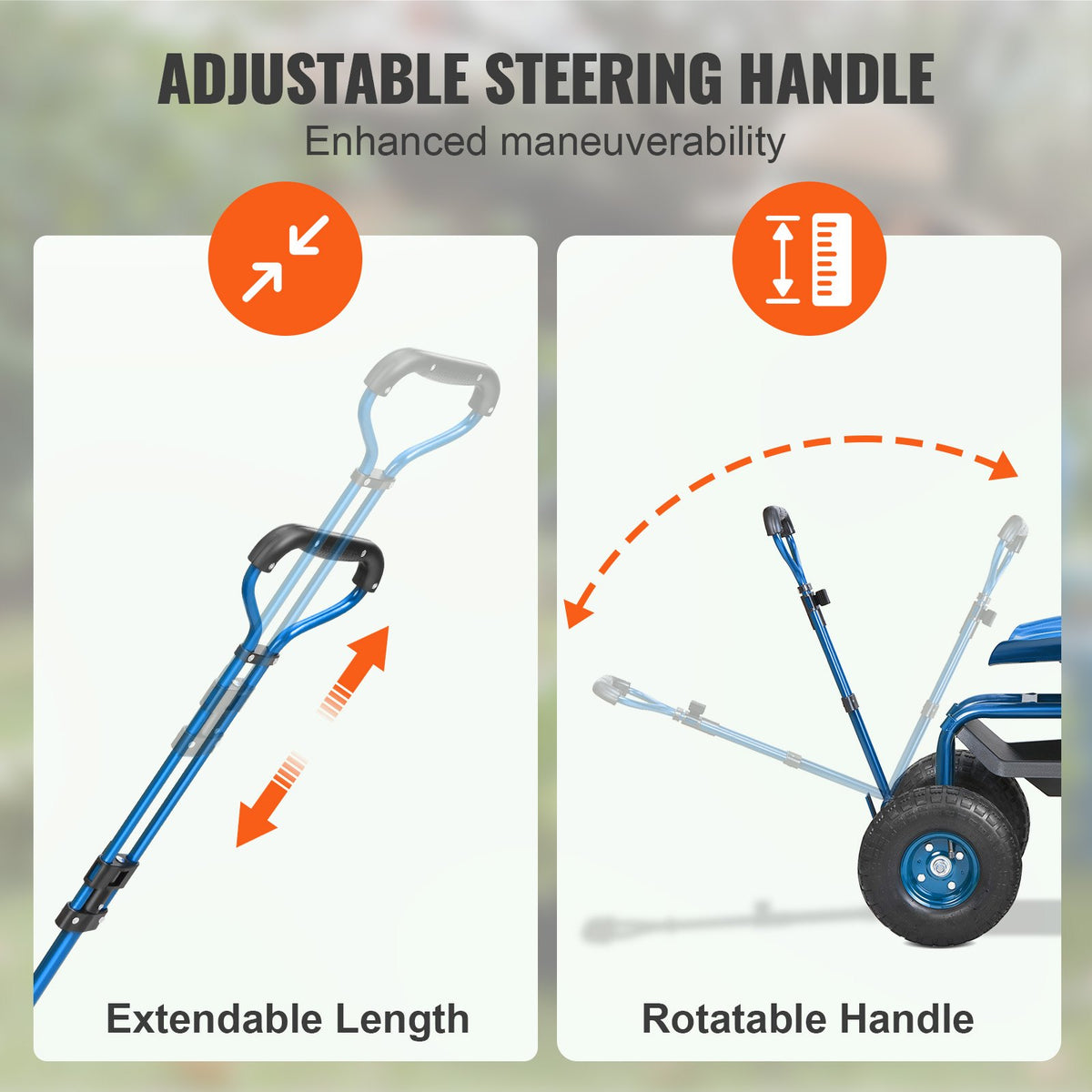 Garden Cart Rolling Workseat 360° Swivel Wagon with Steering Handle Blue