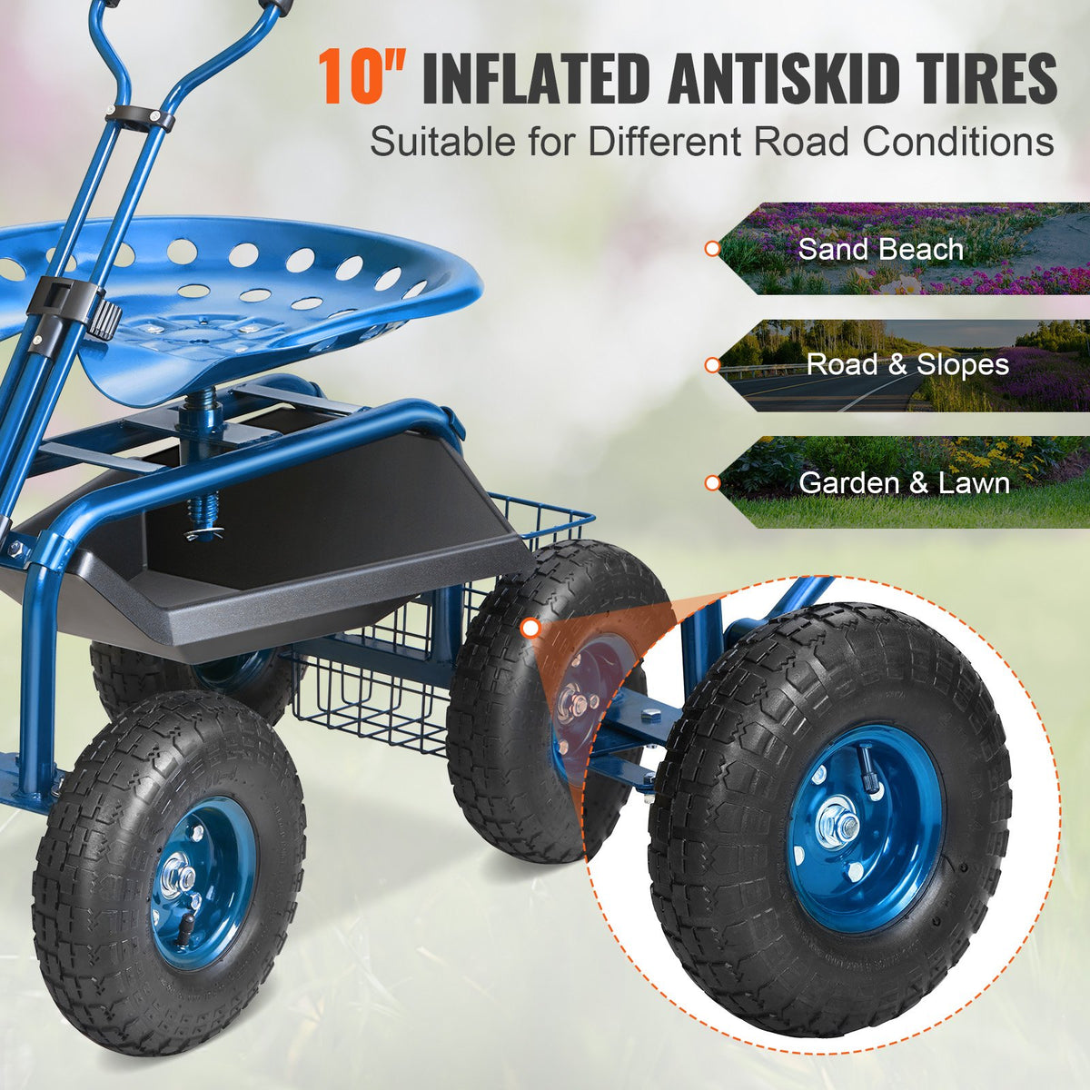 Garden Cart Rolling Workseat 360° Swivel Wagon with Steering Handle Blue