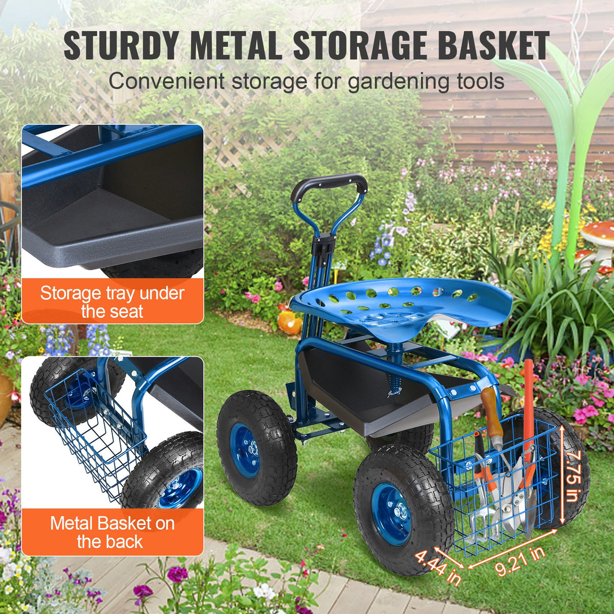 Garden Cart Rolling Workseat 360° Swivel Wagon with Steering Handle Blue