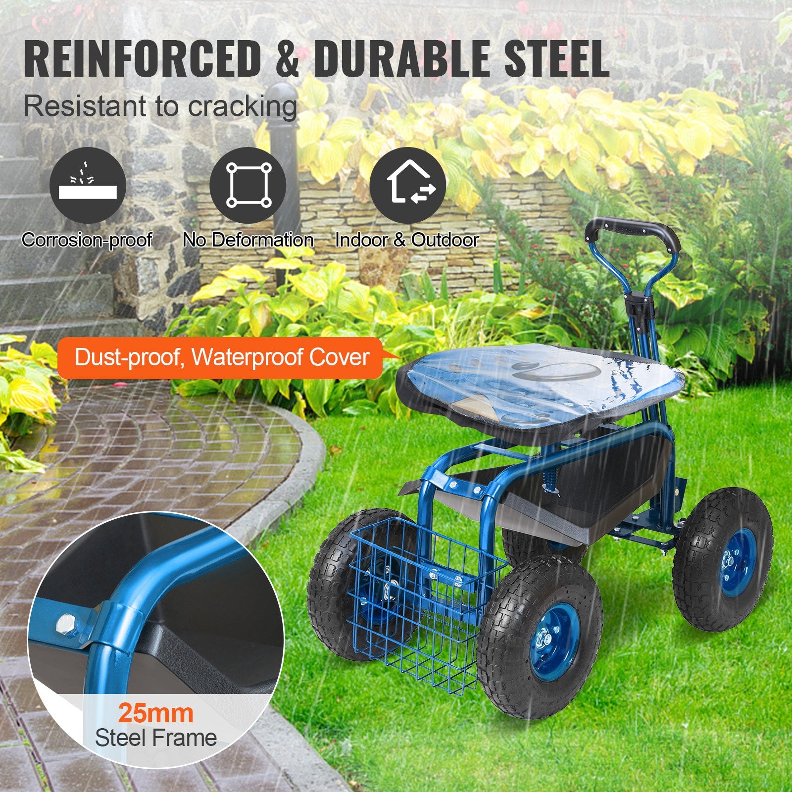 Garden Cart Rolling Workseat 360° Swivel Wagon with Steering Handle Blue
