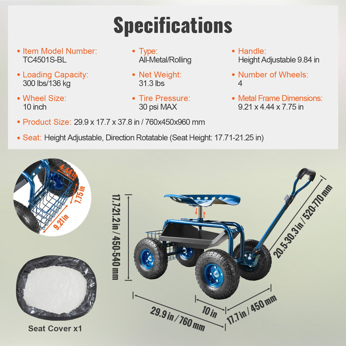 Garden Cart Rolling Workseat 360° Swivel Wagon with Steering Handle Blue