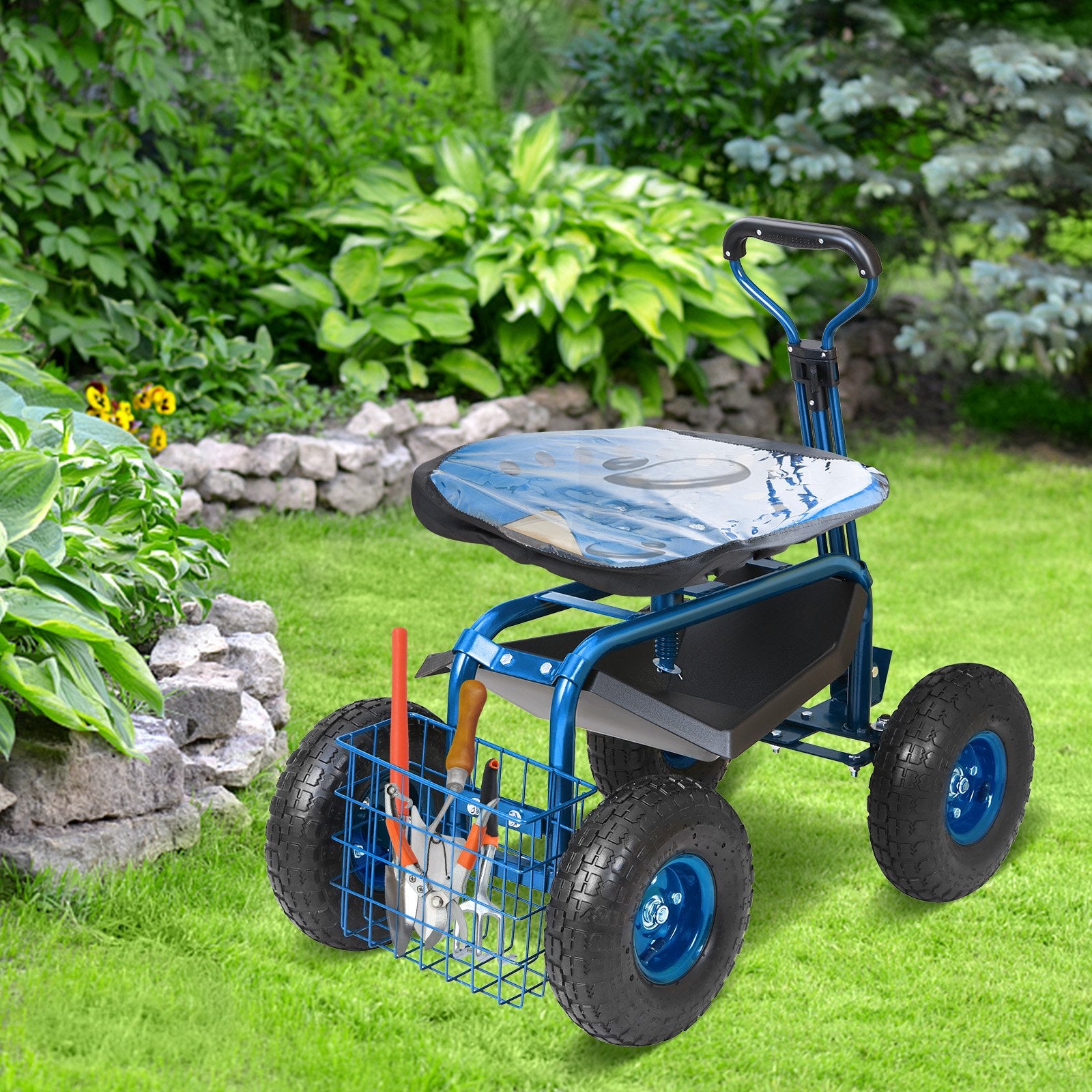 Garden Cart Rolling Workseat 360° Swivel Wagon with Steering Handle Blue