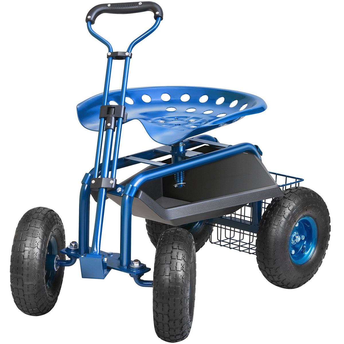 Garden Cart Rolling Workseat 360° Swivel Wagon with Steering Handle Blue