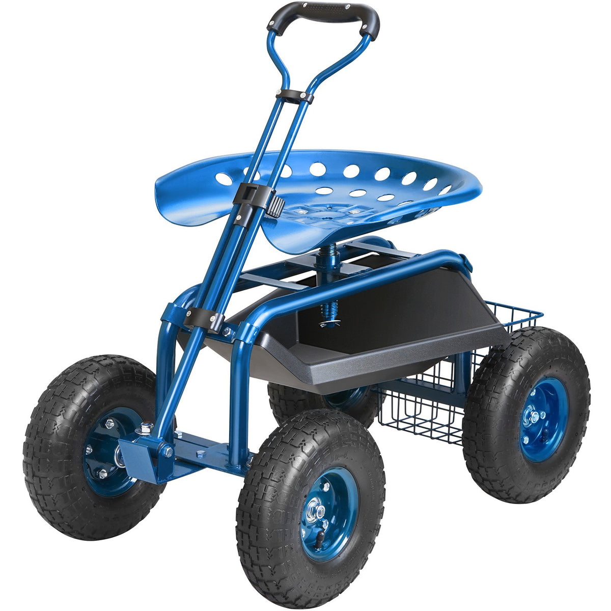 Garden Cart Rolling Workseat 360° Swivel Wagon with Steering Handle Blue