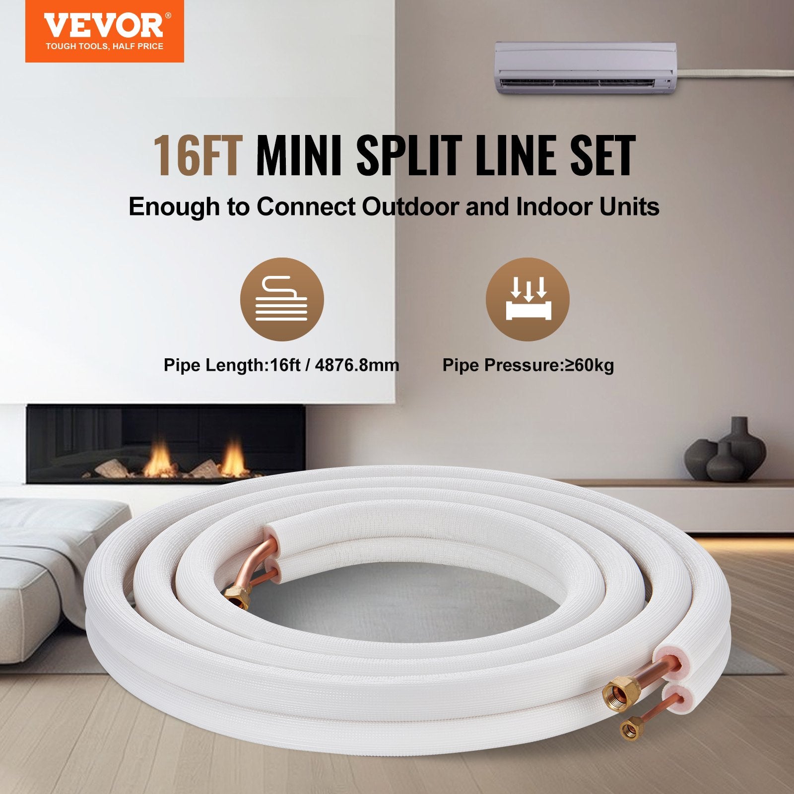 4876.8mm Mini Split Line Set Copper Pipes w/ Triple-Layer Insulation 18ft Cable