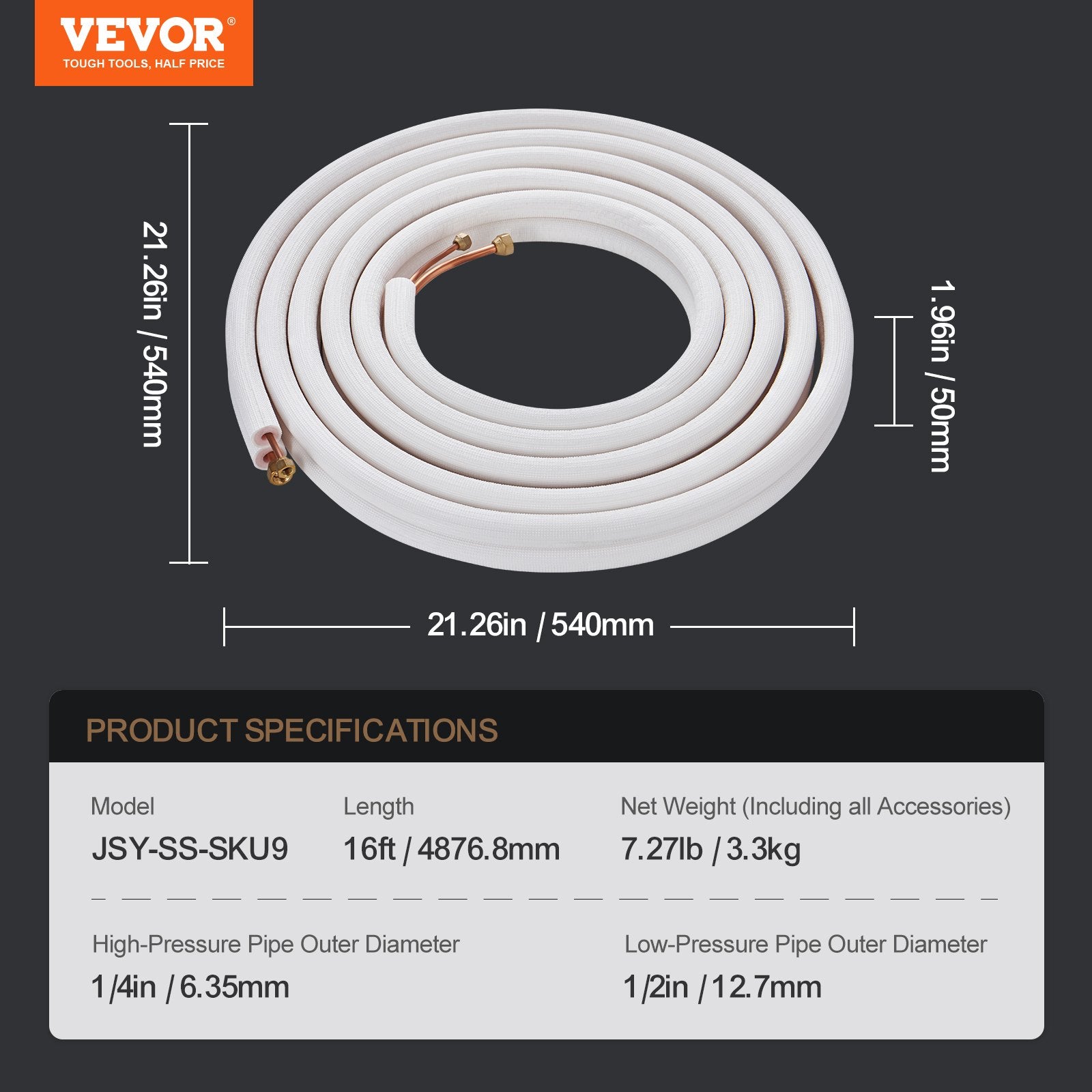 4876.8mm Mini Split Line Set Copper Pipes w/ Triple-Layer Insulation 18ft Cable
