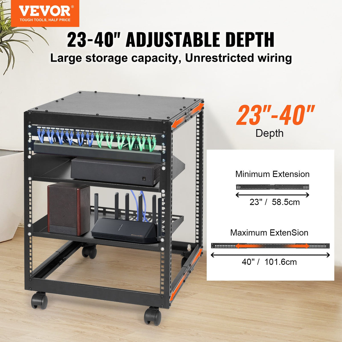 Server Rack 12U Open Frame 23-40in Adjustable Depth 4-Post Casters Standing