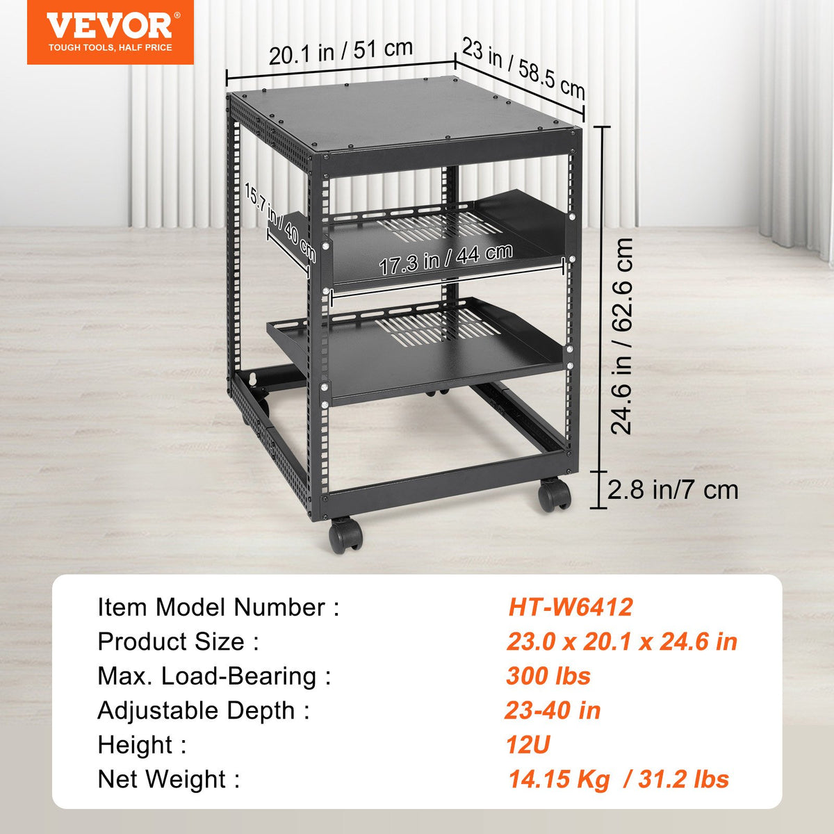 Server Rack 12U Open Frame 23-40in Adjustable Depth 4-Post Casters Standing