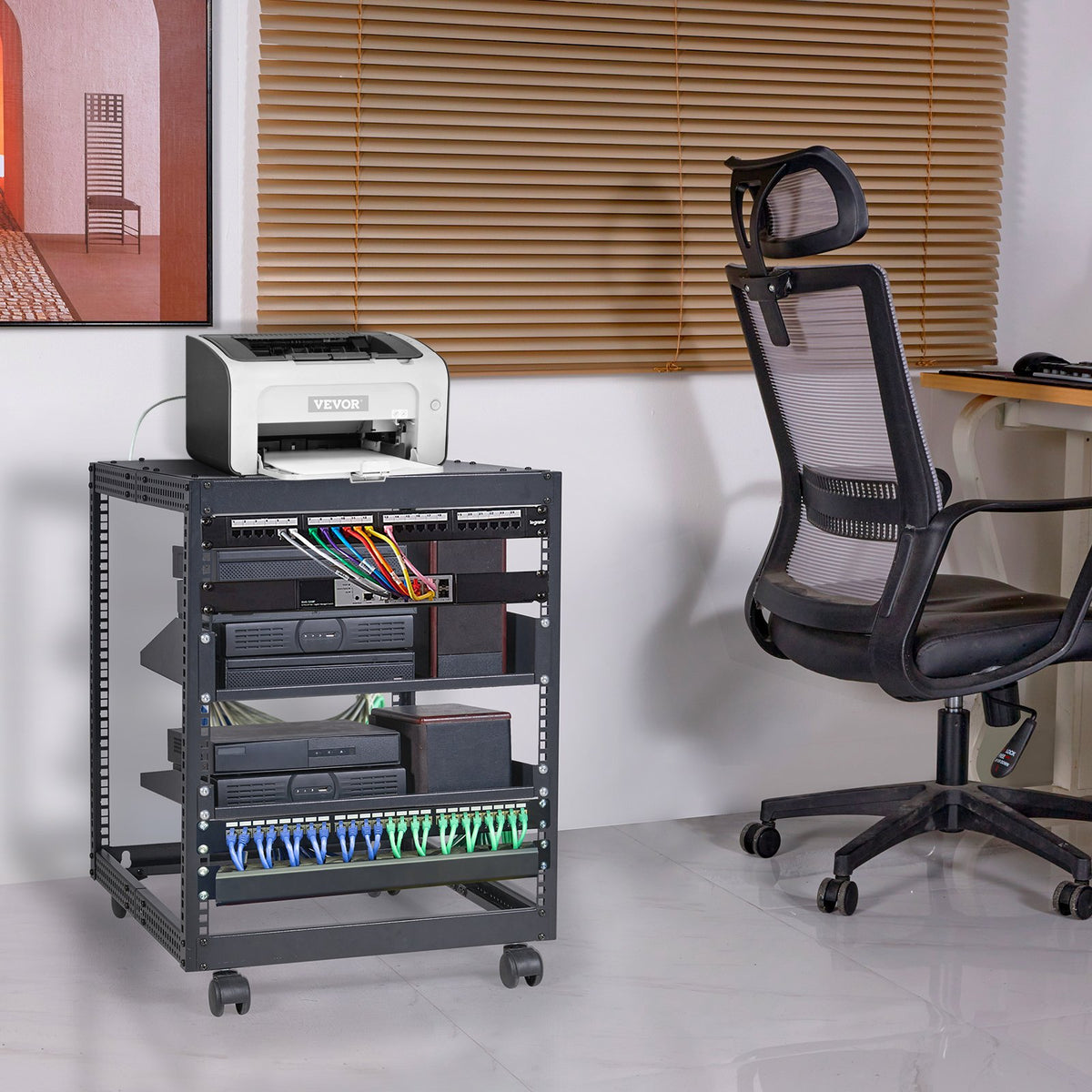 Server Rack 12U Open Frame 23-40in Adjustable Depth 4-Post Casters Standing