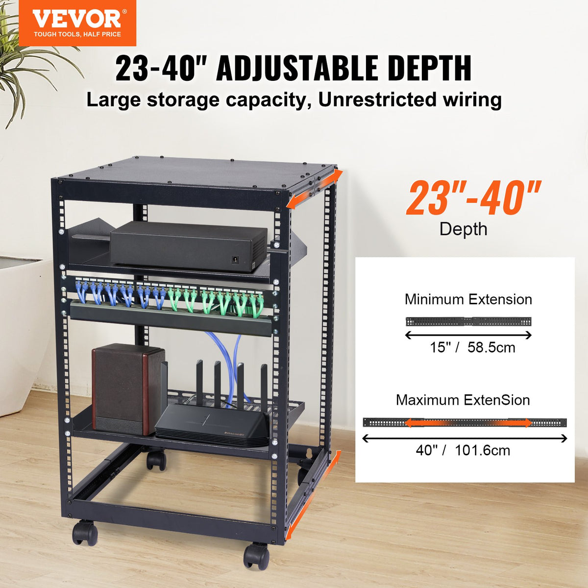 15U Open Frame Server Rack Adjustable 23–40in Depth 4-Post with Casters