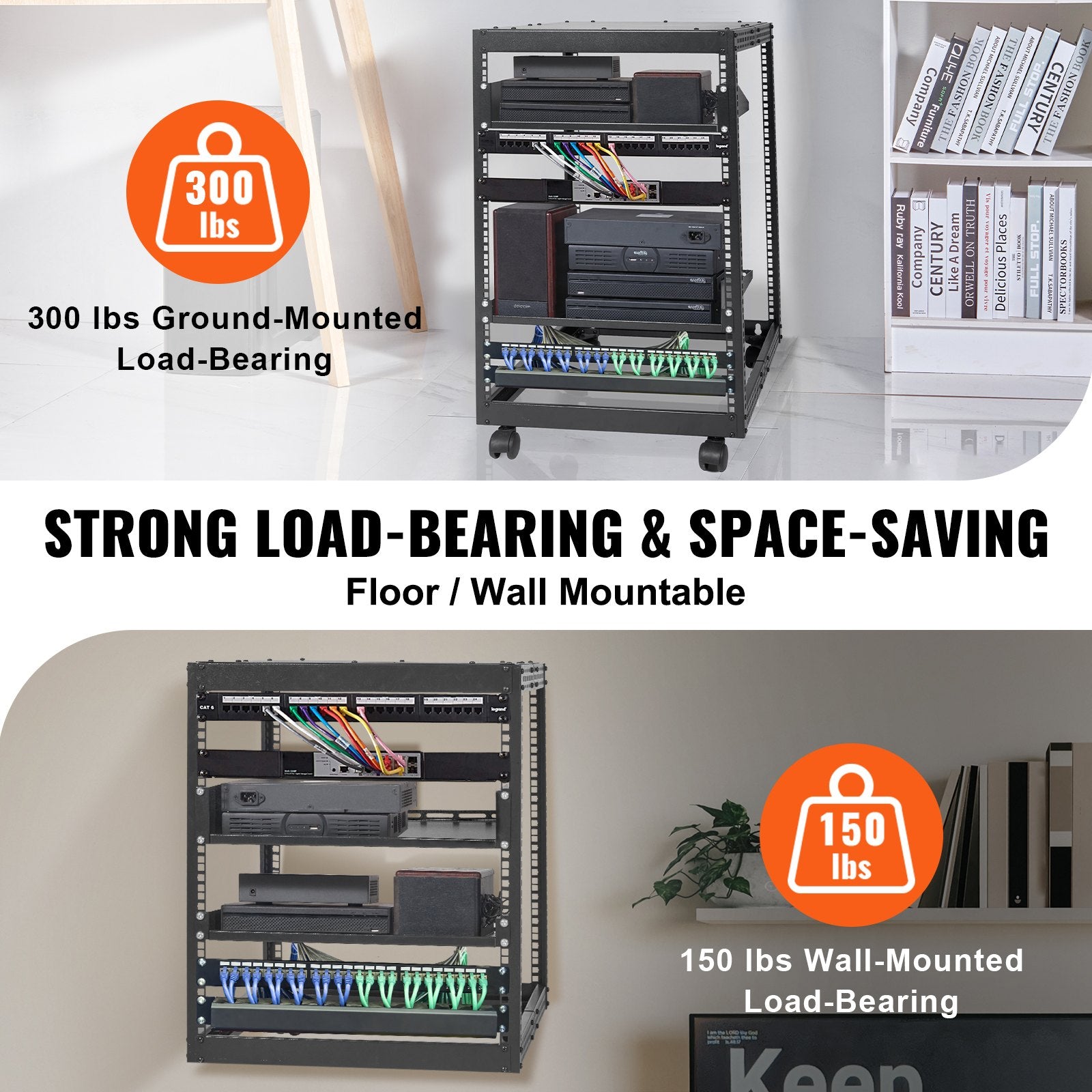 15U Open Frame Server Rack Adjustable 23–40in Depth 4-Post with Casters