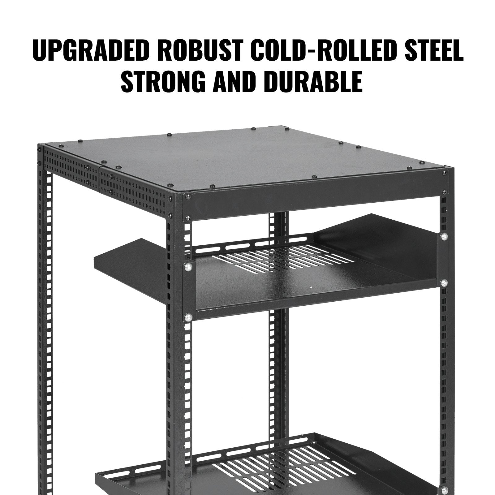 15U Open Frame Server Rack Adjustable 23–40in Depth 4-Post with Casters