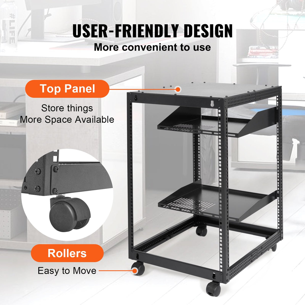 15U Open Frame Server Rack Adjustable 23–40in Depth 4-Post with Casters