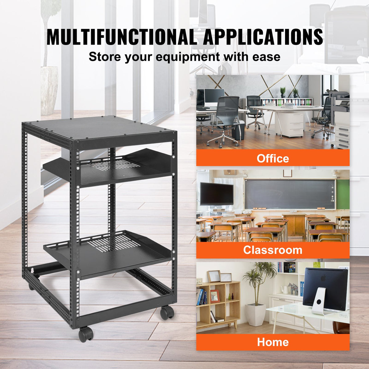 15U Open Frame Server Rack Adjustable 23–40in Depth 4-Post with Casters