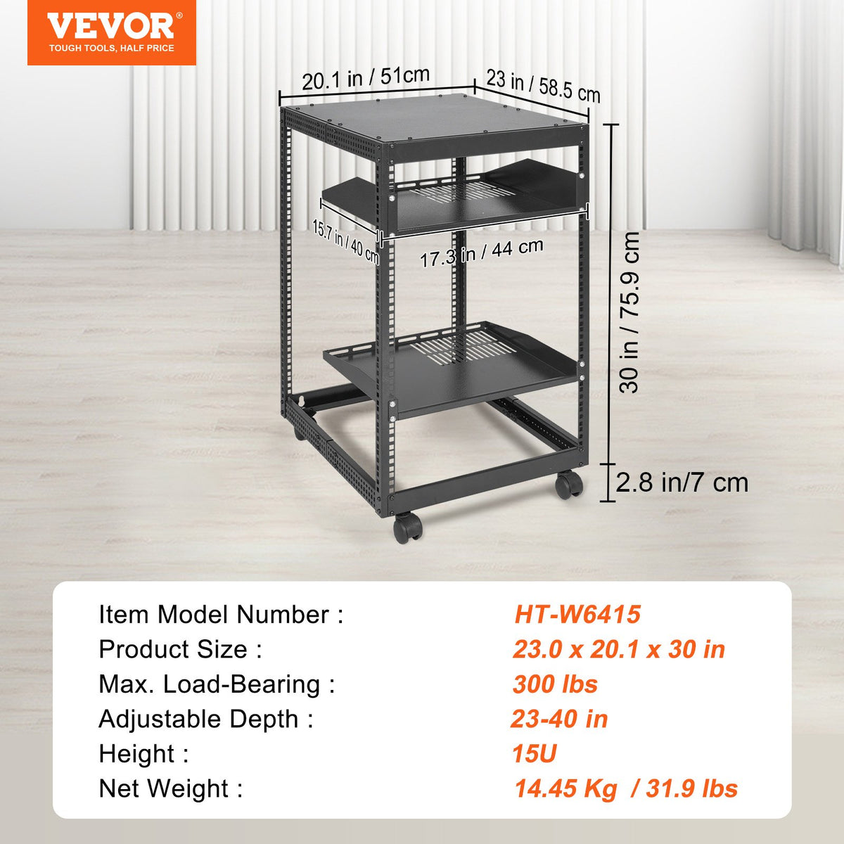 15U Open Frame Server Rack Adjustable 23–40in Depth 4-Post with Casters