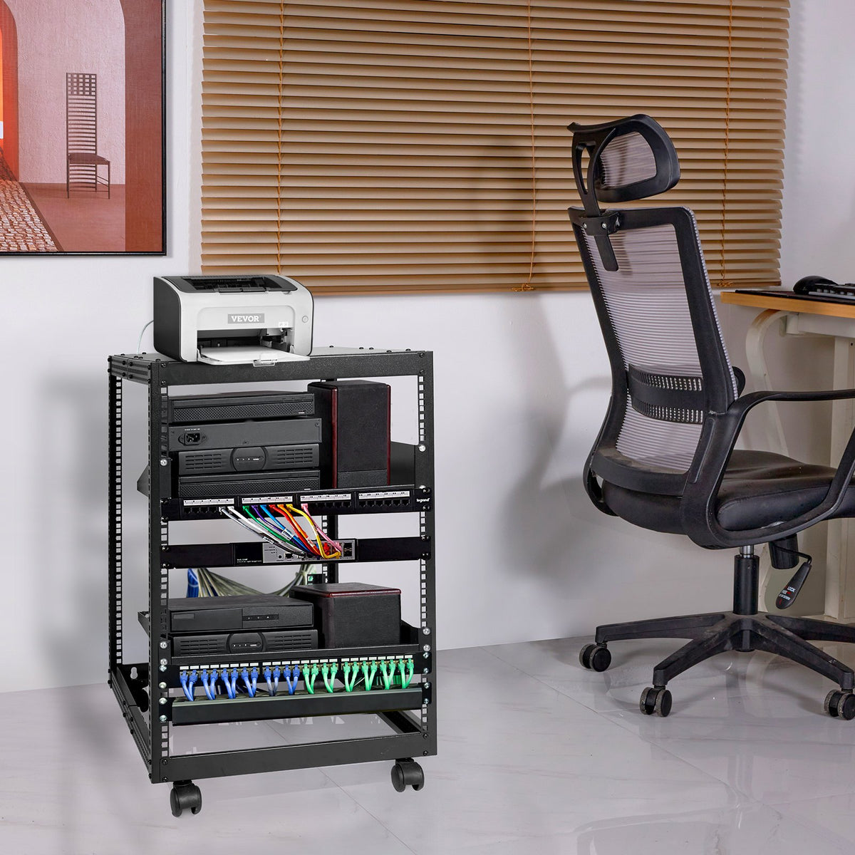 15U Open Frame Server Rack Adjustable 23–40in Depth 4-Post with Casters