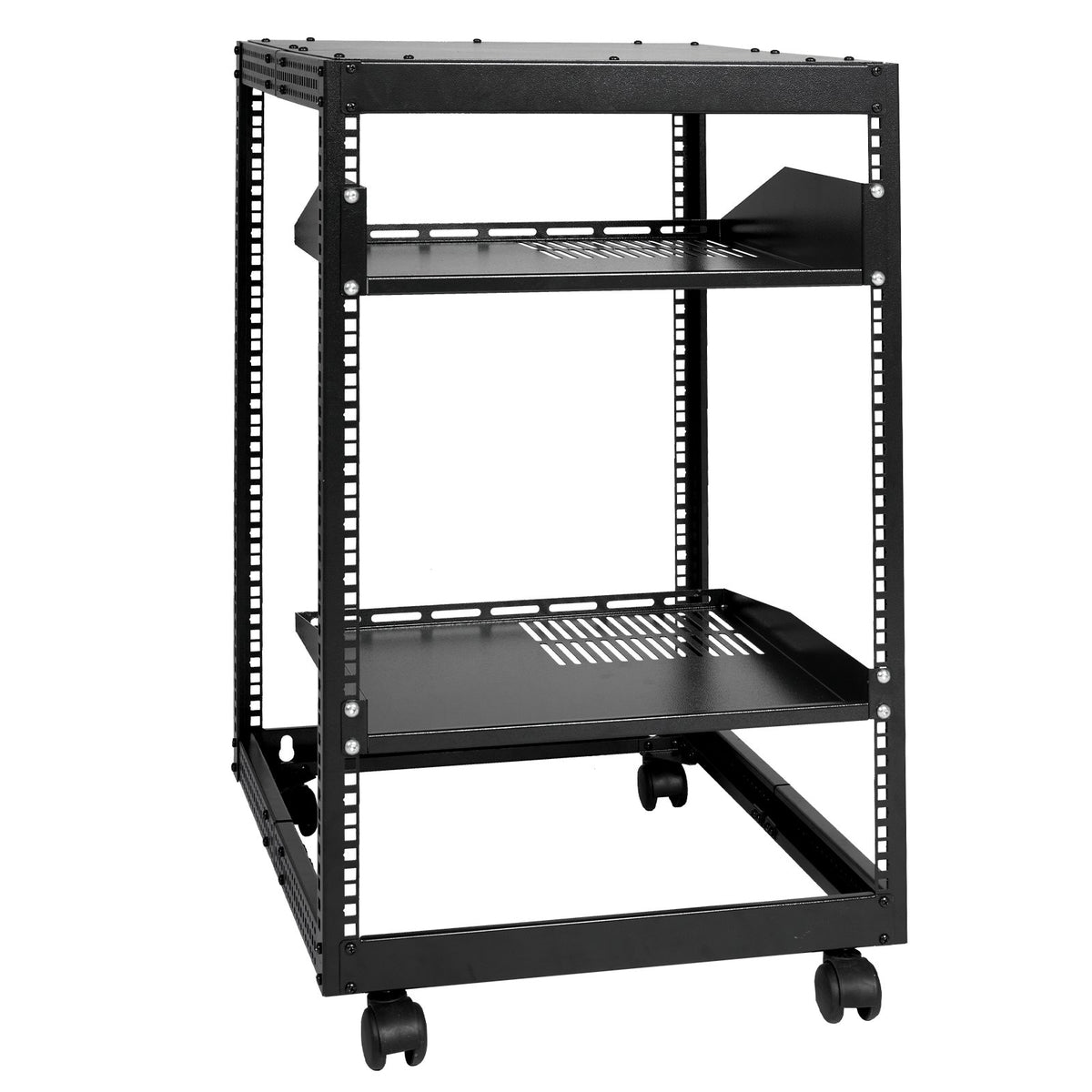 15U Open Frame Server Rack Adjustable 23–40in Depth 4-Post with Casters