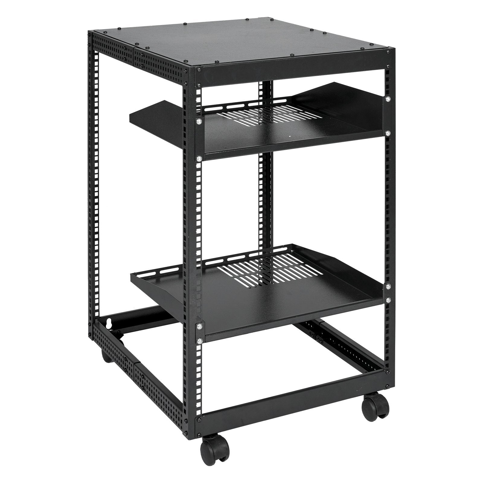 15U Open Frame Server Rack Adjustable 23–40in Depth 4-Post with Casters