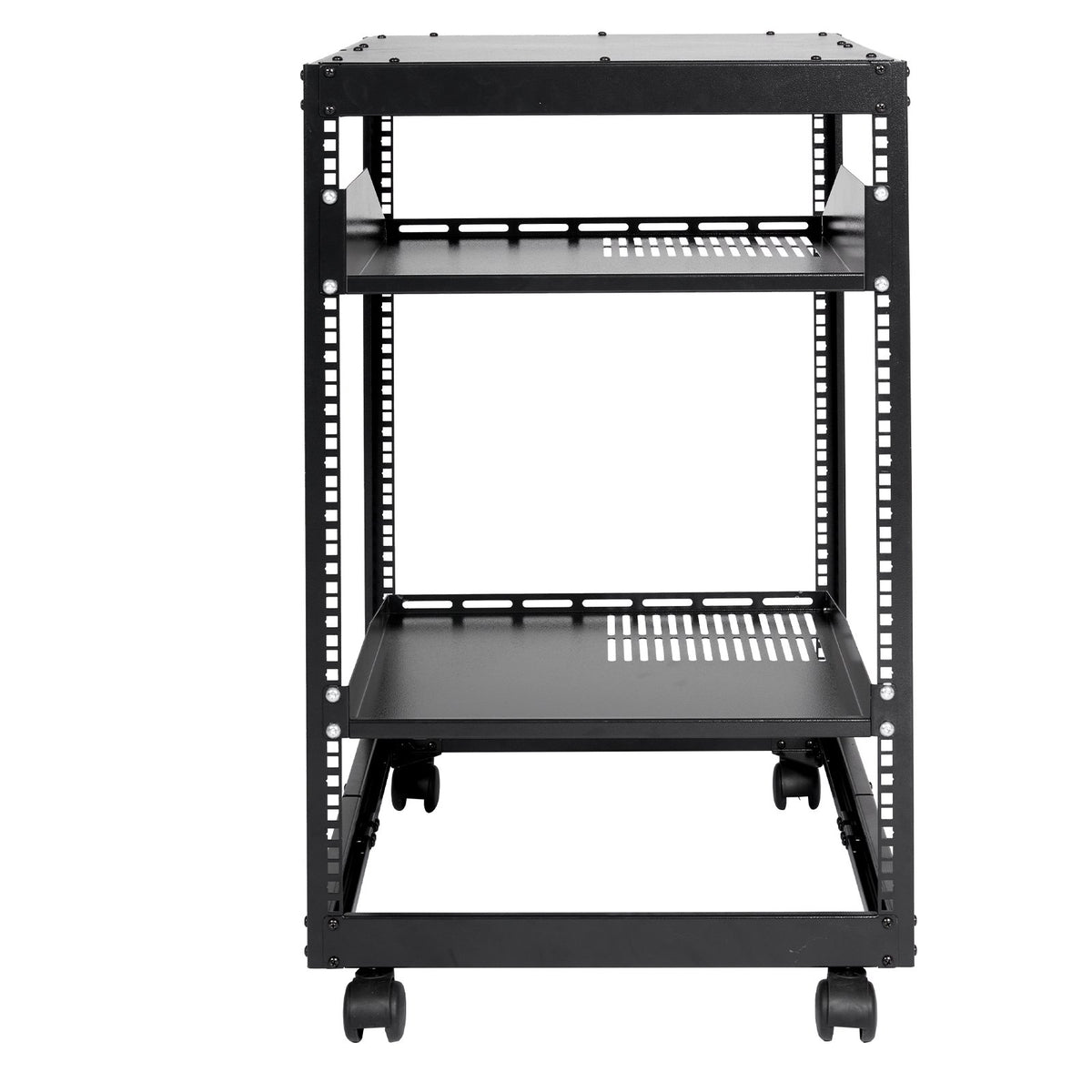 15U Open Frame Server Rack Adjustable 23–40in Depth 4-Post with Casters