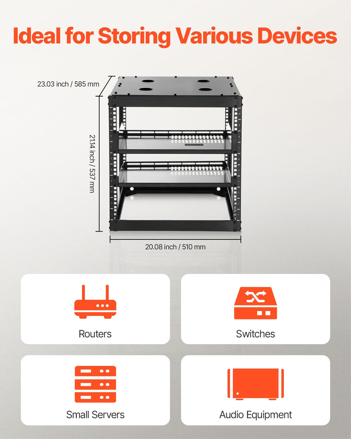 10U Open Frame Network Rack 585mm Wall Mount Floor Stand 4 Post Vented Shelves