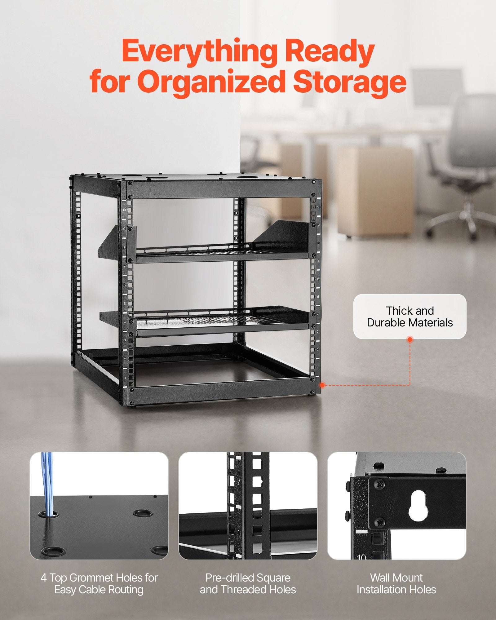 10U Open Frame Network Rack 585mm Wall Mount Floor Stand 4 Post Vented Shelves