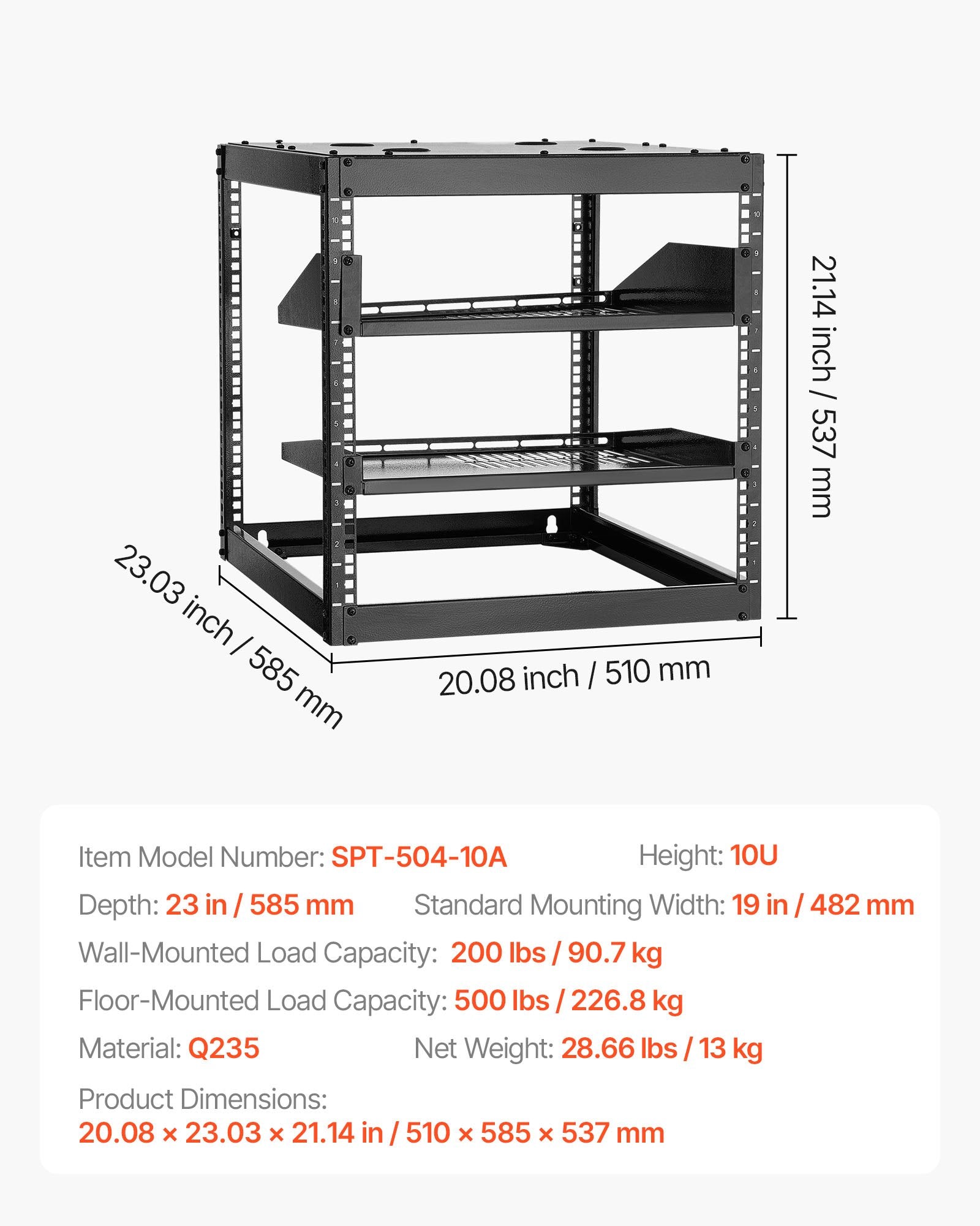 10U Open Frame Network Rack 585mm Wall Mount Floor Stand 4 Post Vented Shelves