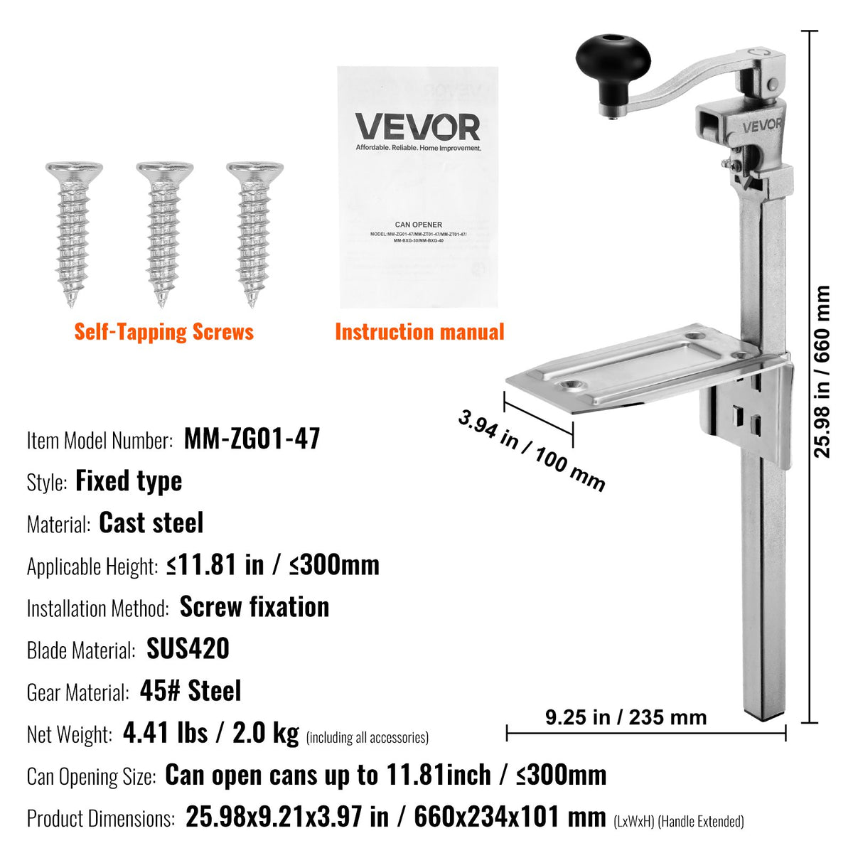 Commercial Can Opener, Heavy-Duty Manual Tabletop, Adjustable for 300mm Cans
