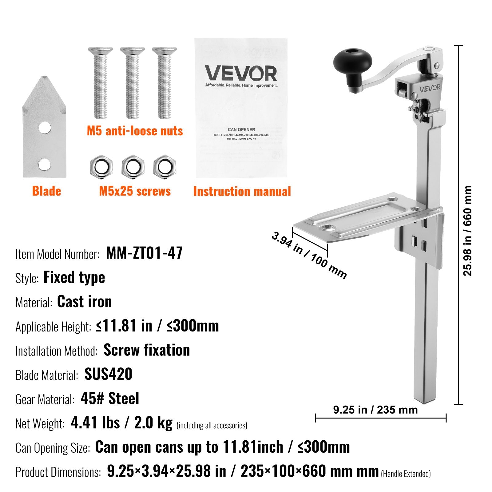 Commercial Can Opener Heavy-Duty Manual Tabletop Adjustable 300mm Stainless