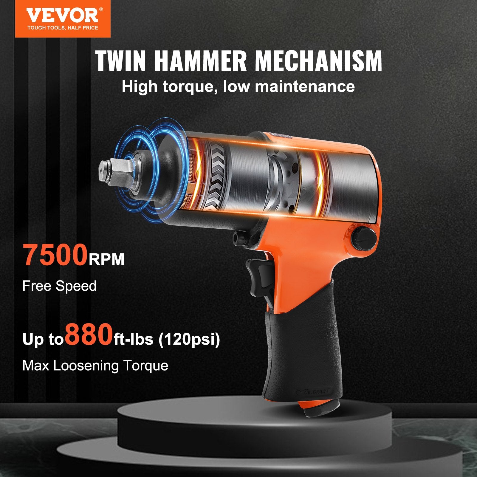 Air Impact Wrench 1/2" Drive 880ft-lbs Torque 7500RPM Lightweight Tool