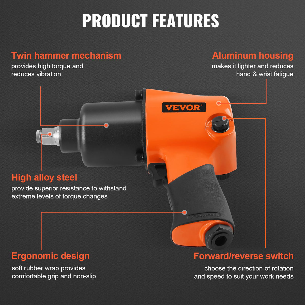 Air Impact Wrench 1/2" Drive 880ft-lbs Torque 7500RPM Lightweight Tool