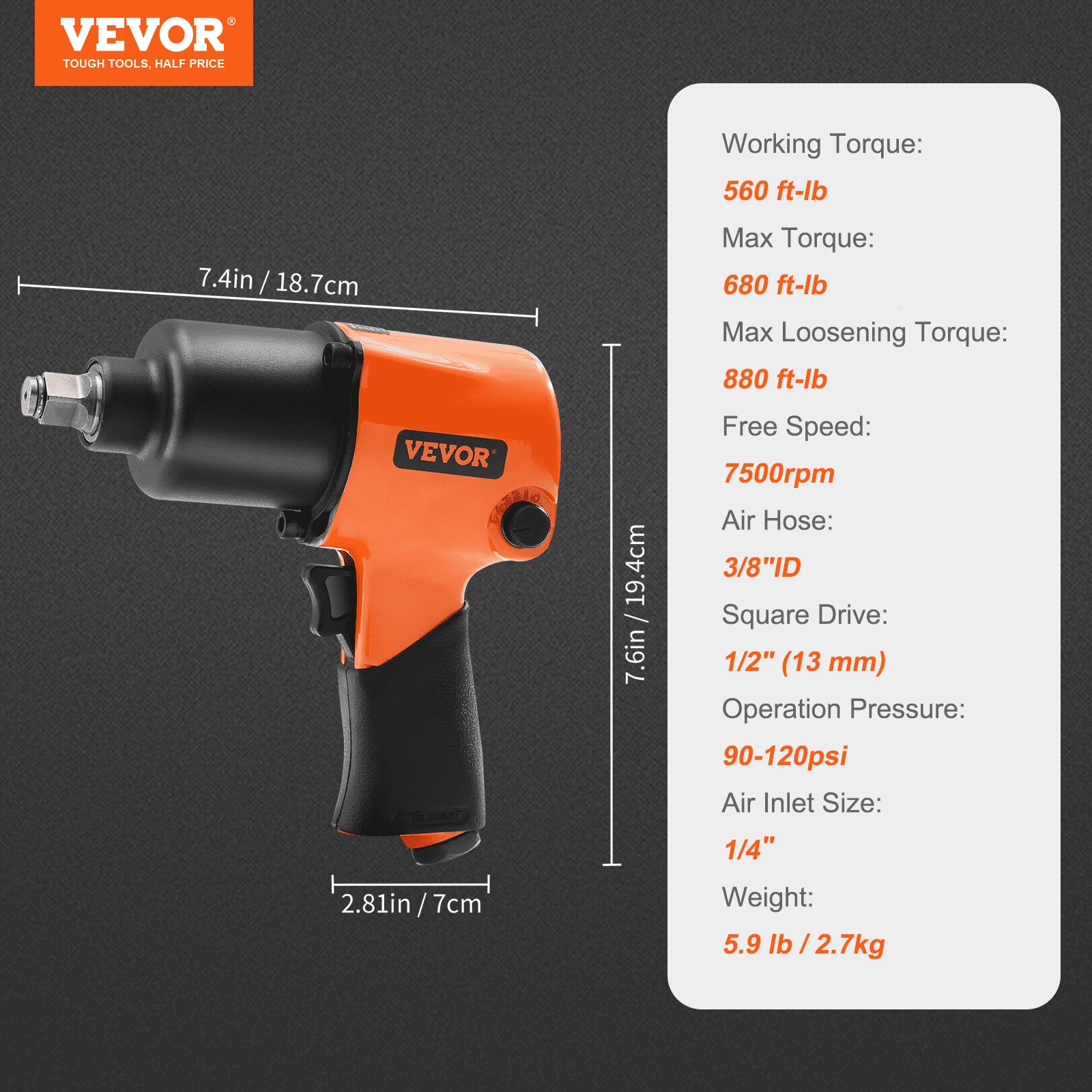 Air Impact Wrench 1/2" Drive 880ft-lbs Torque 7500RPM Lightweight Tool