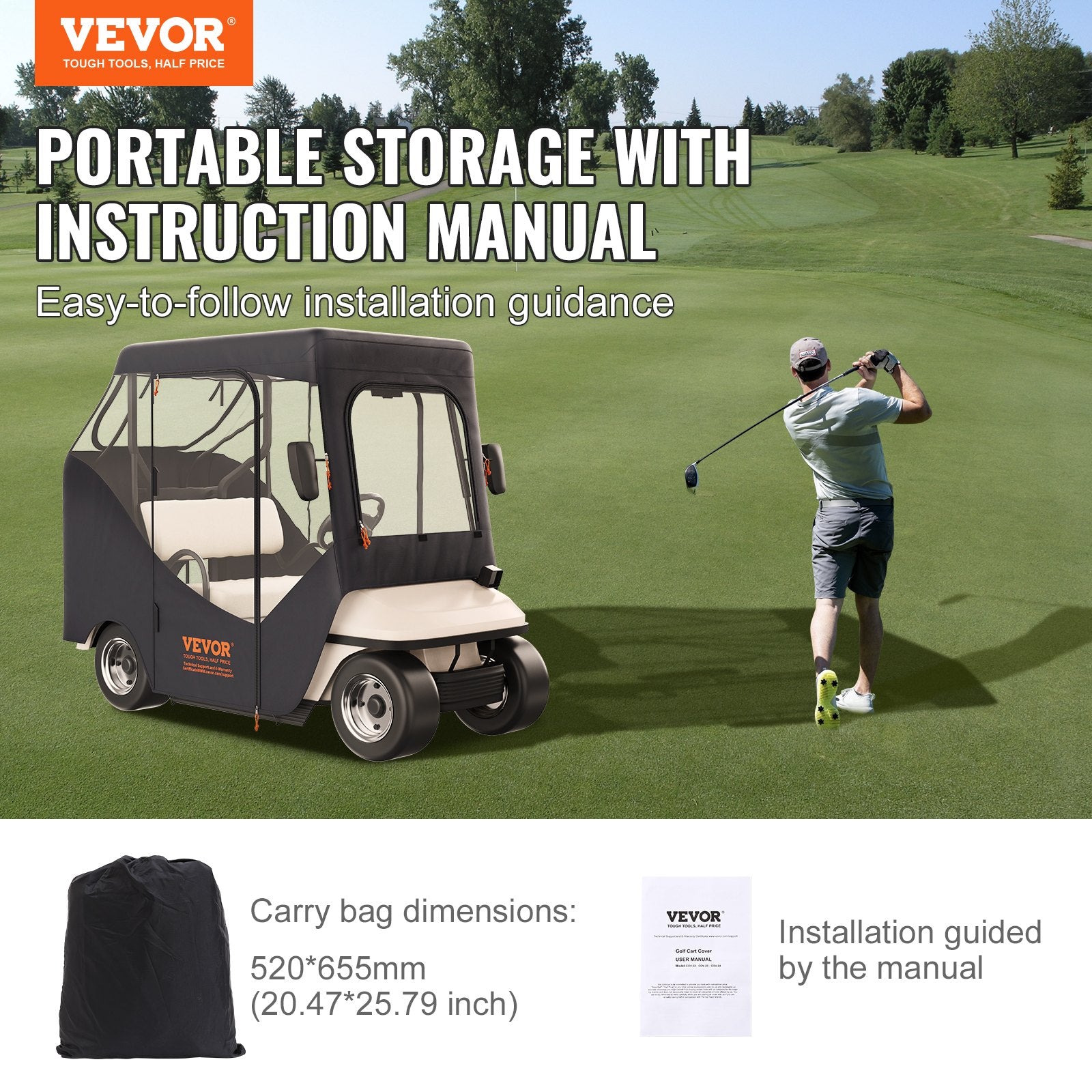 2-Seater Golf Cart Enclosure, Sunproof Dustproof Club Car Cover