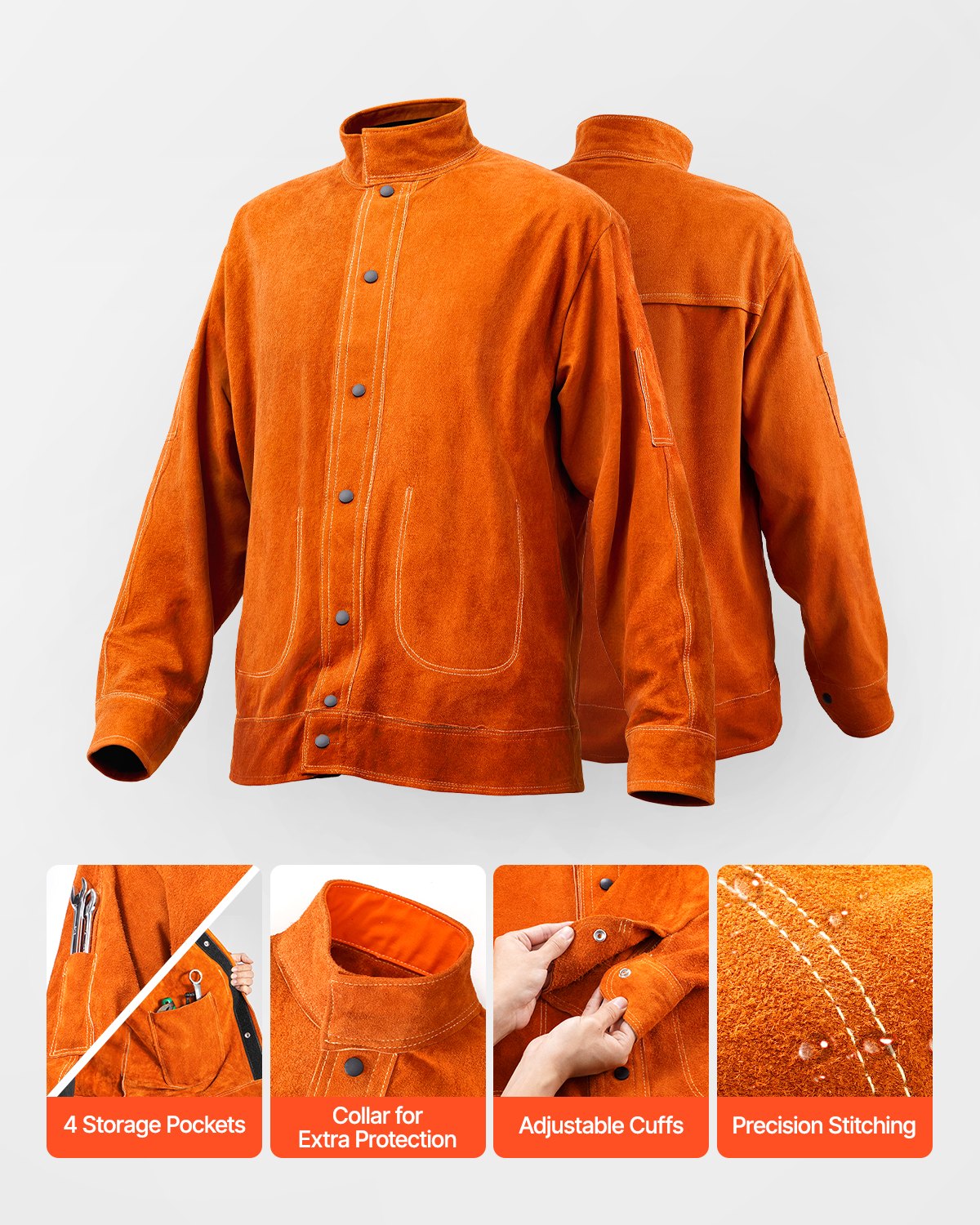 Flame-Resistant Welding Jacket M Size Cowhide Leather Waterproof Heat-Resistant