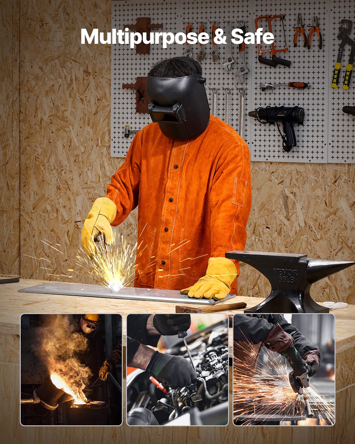 Flame-Resistant Welding Jacket M Size Cowhide Leather Waterproof Heat-Resistant