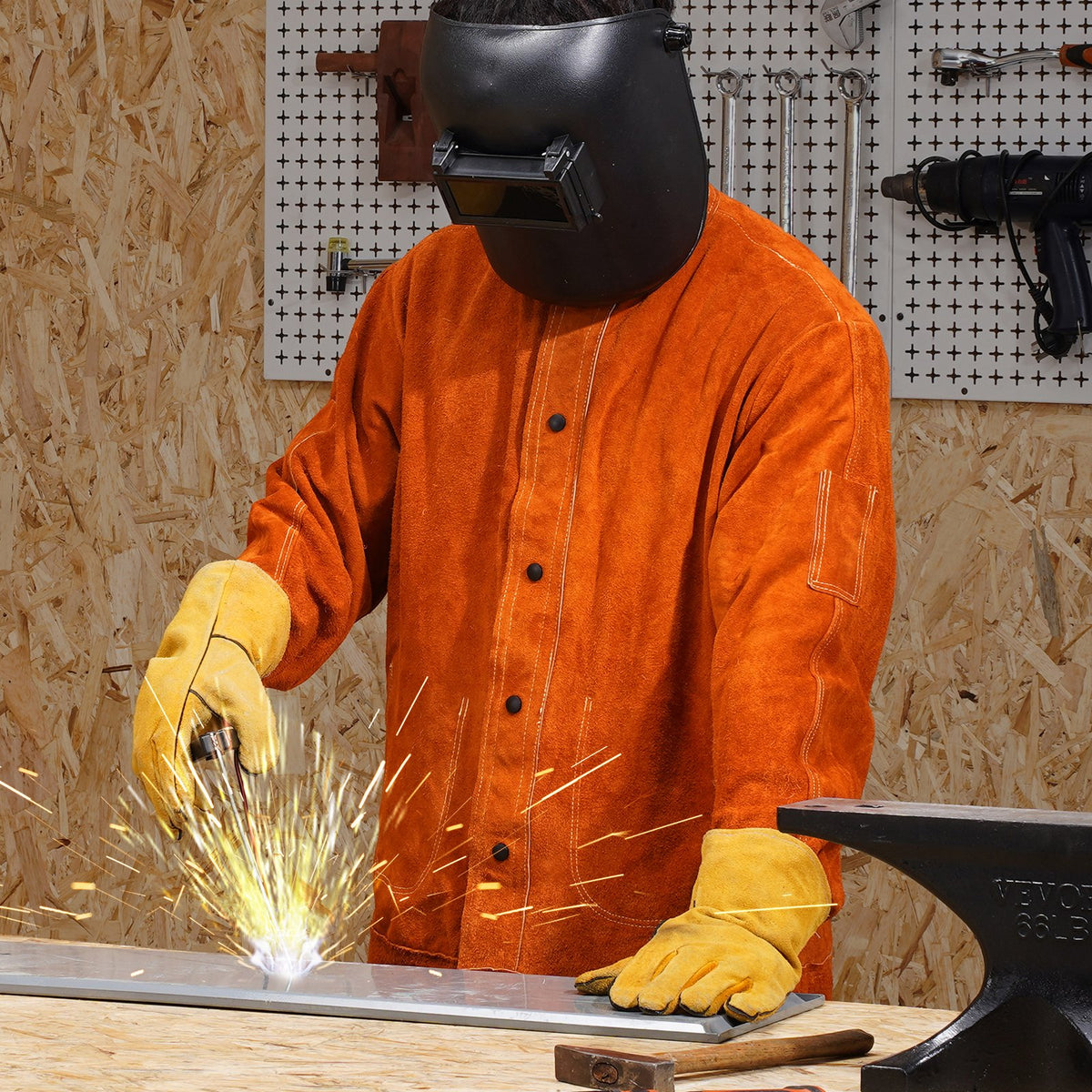 Flame-Resistant Welding Jacket M Size Cowhide Leather Waterproof Heat-Resistant