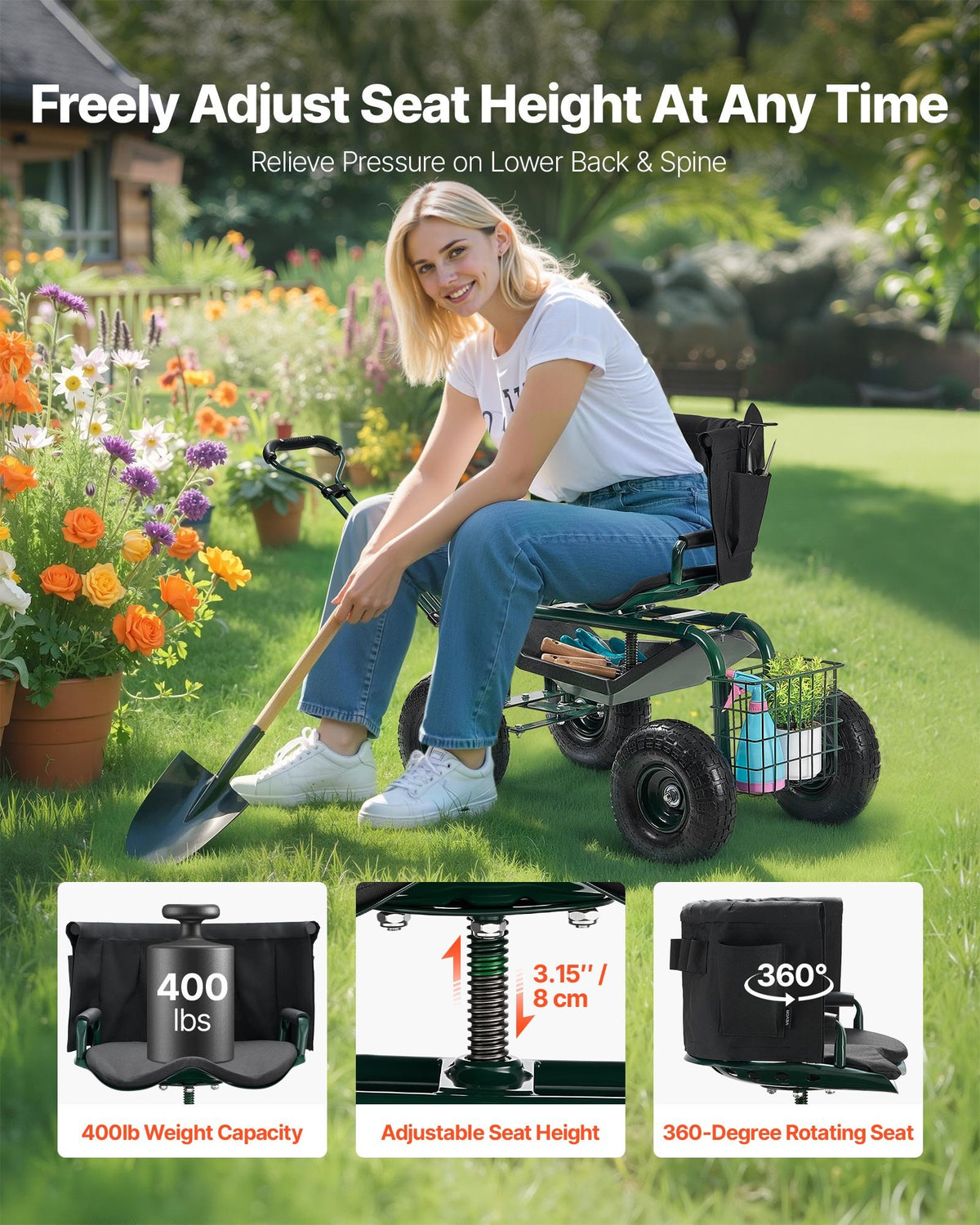 Garden Seat with Wheels Rolling Stool 360° Swivel Backrest 181kg