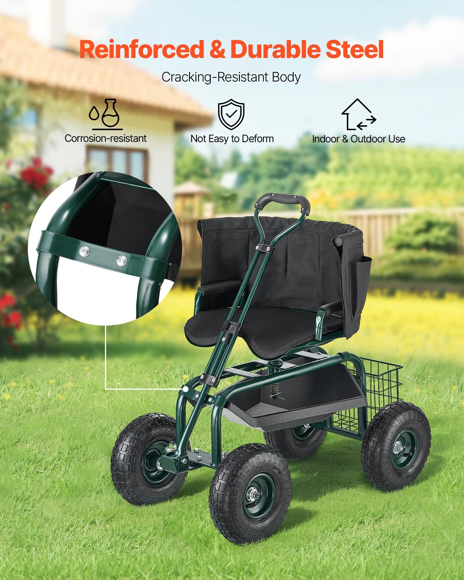Garden Seat with Wheels Rolling Stool 360° Swivel Backrest 181kg